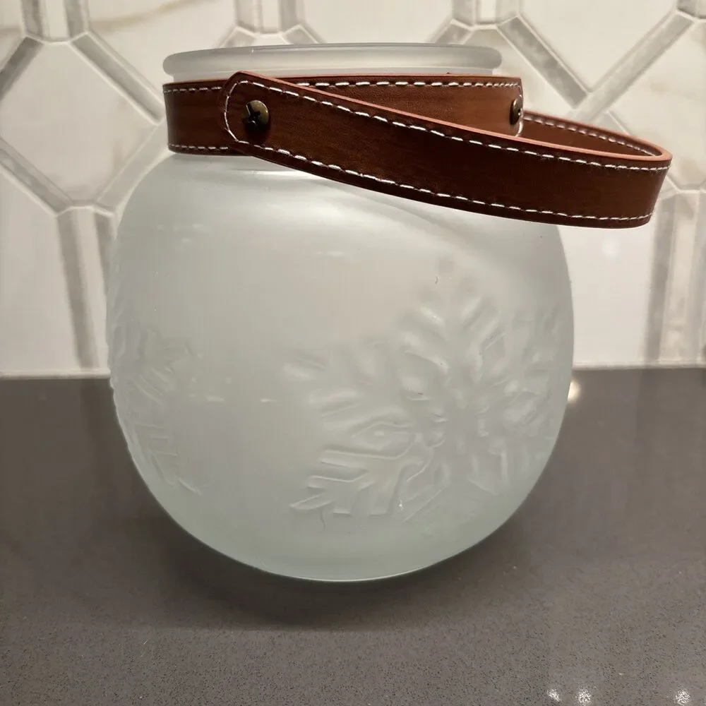 Snowflake Embossed Frosted Glass Tealight Lantern Holiday Strap Decor 6” Tall